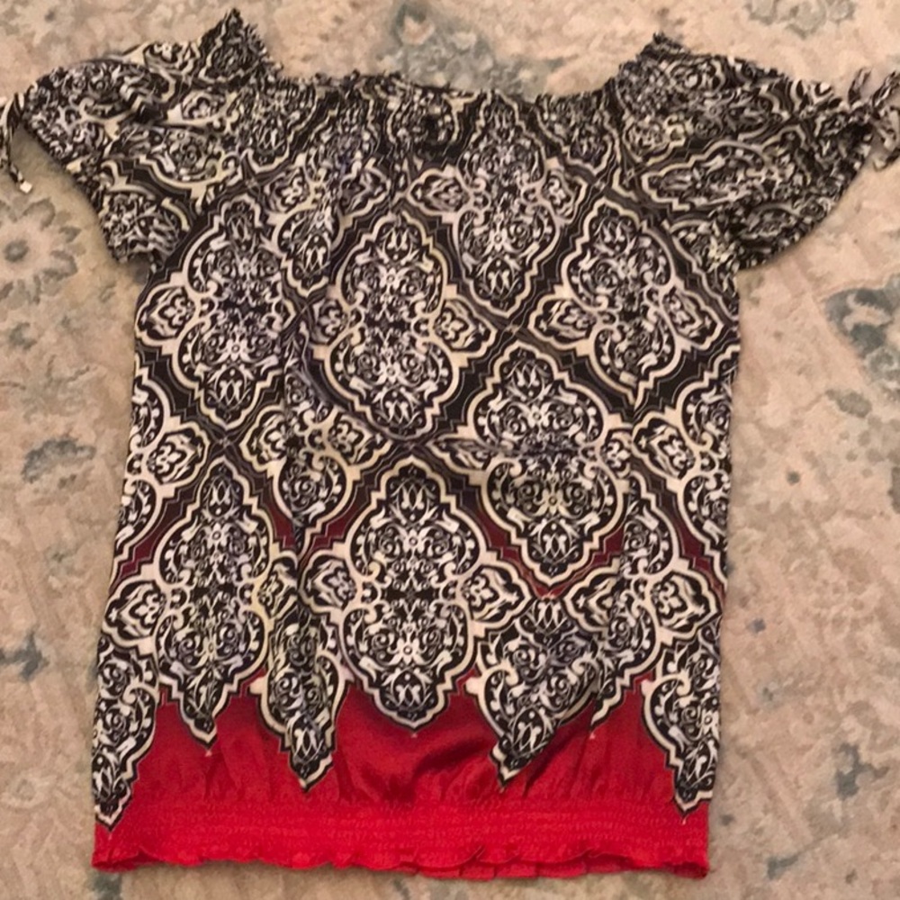 Red black and white blouse top